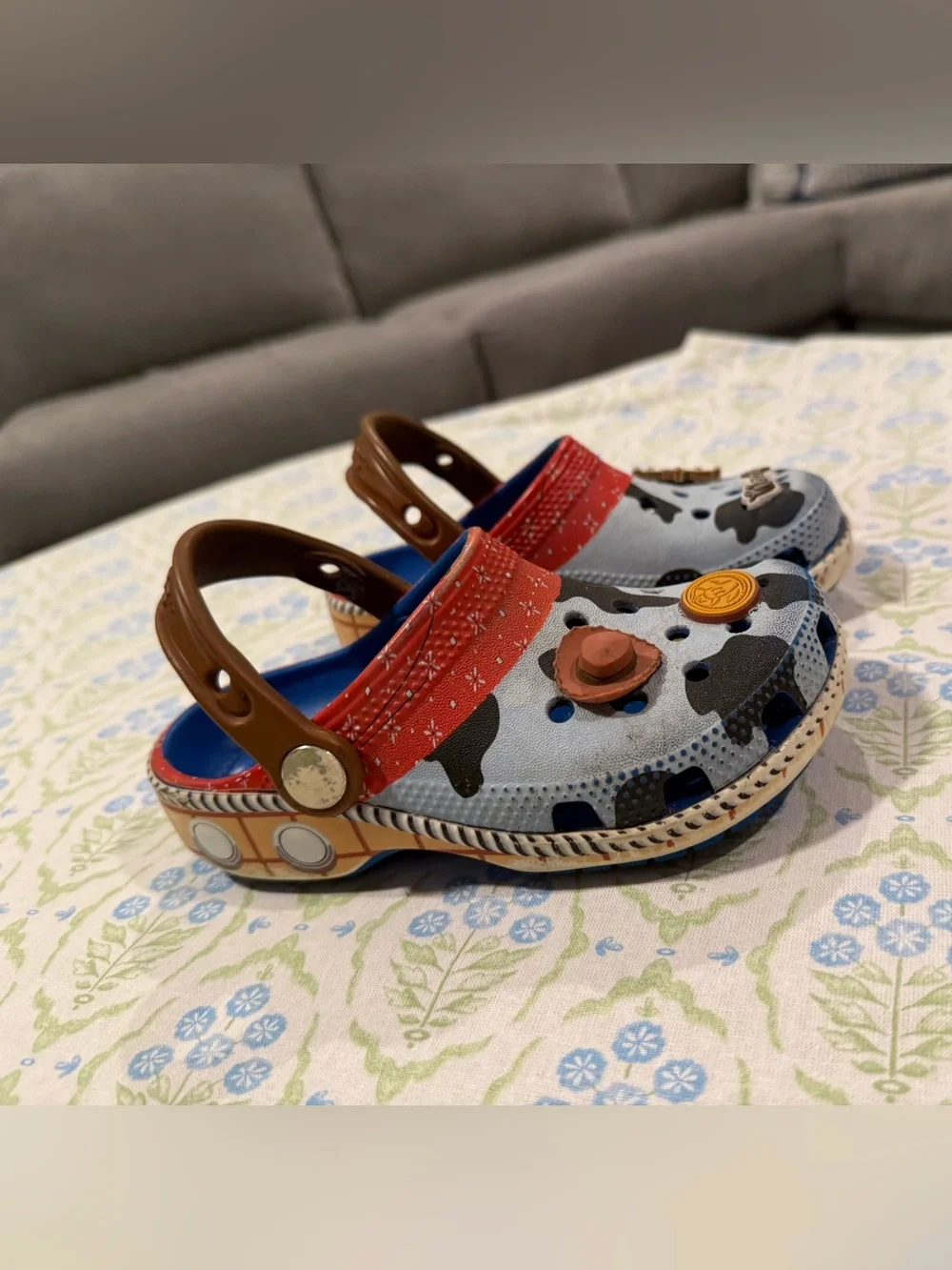 CROCS Kids Cowprint Clogs with Red Strap and Blue Insole